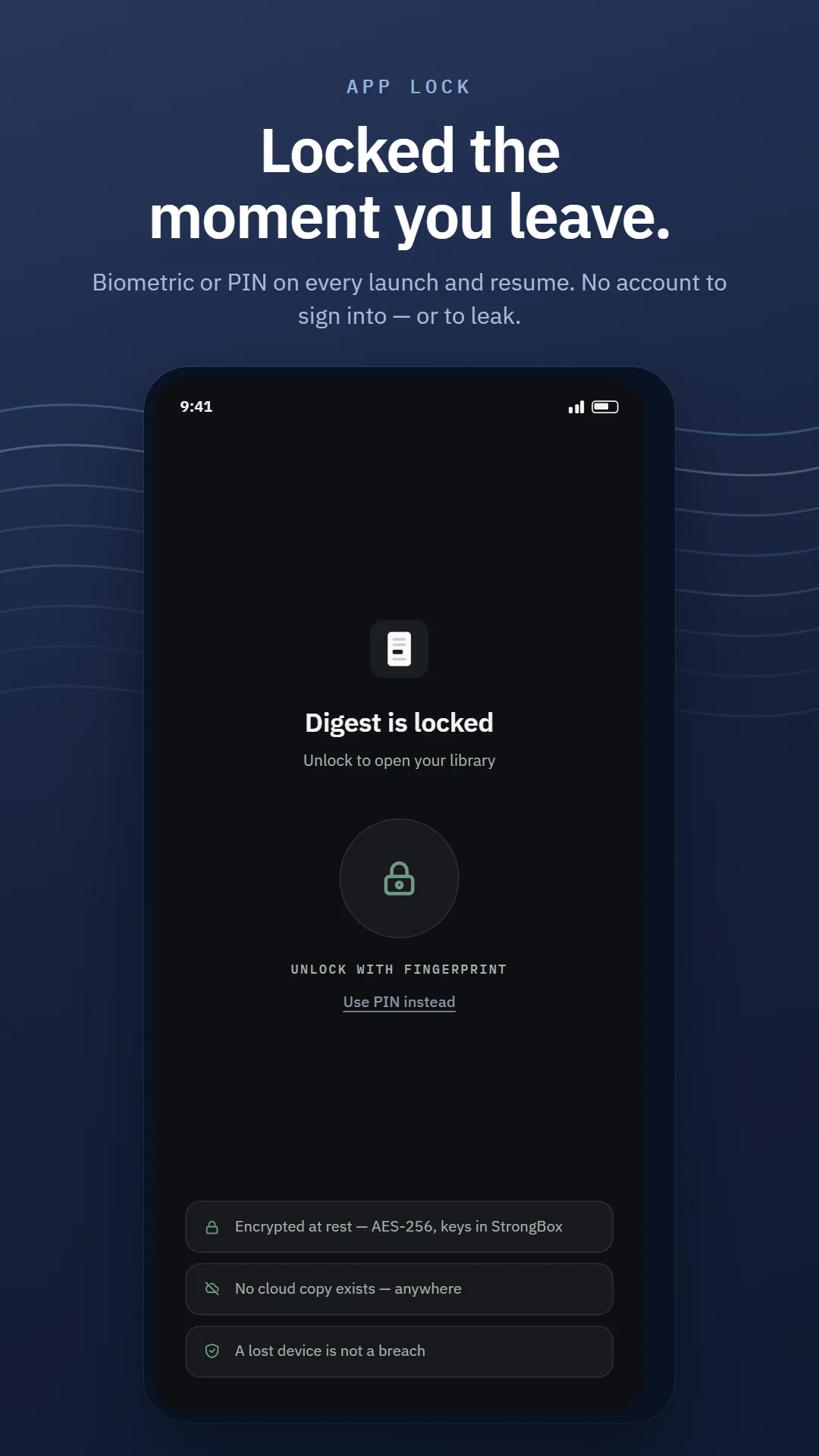 SumaFlow Digest app lock — "Digest is locked", unlock with fingerprint or PIN, noting encryption at rest with keys in StrongBox and that no cloud copy exists anywhere.