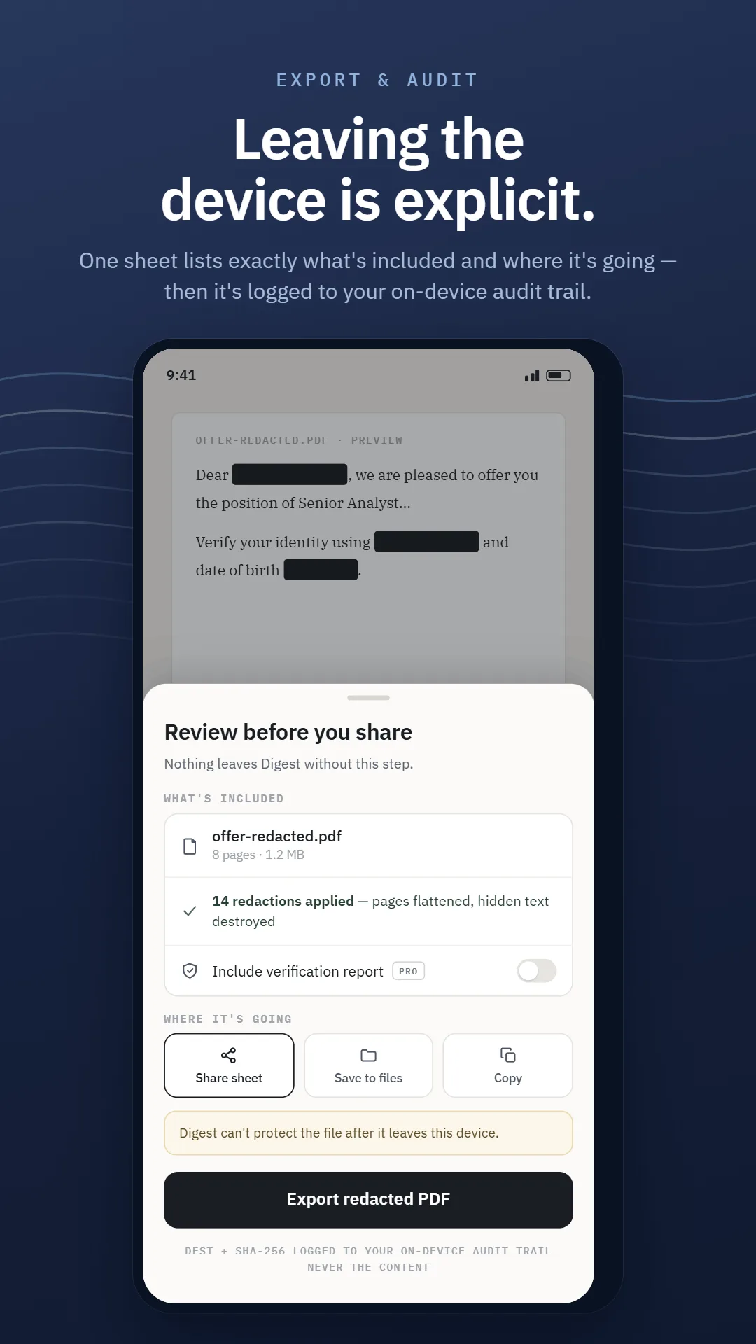 SumaFlow Digest export sheet — a review-before-you-share summary listing the file, that 14 redactions were applied with pages flattened and hidden text destroyed, and where it is going.