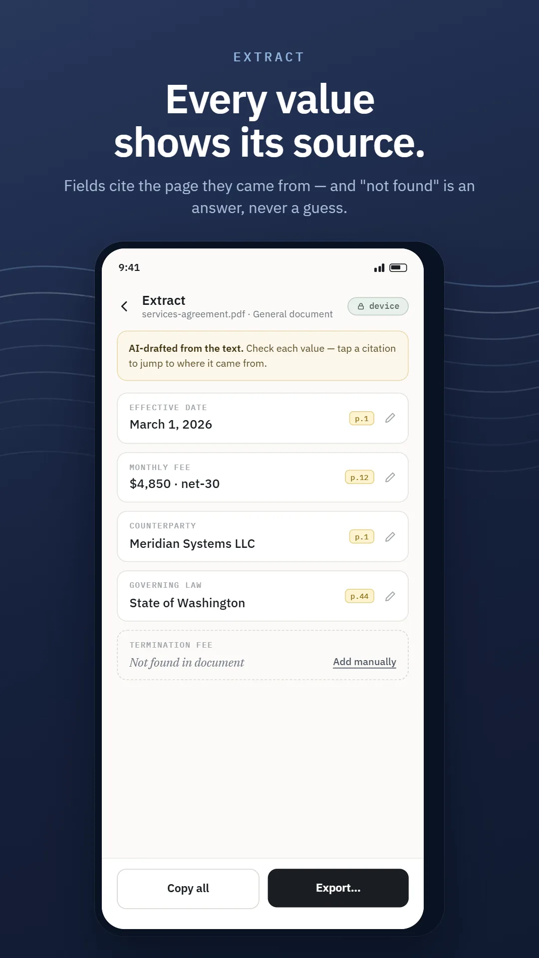 SumaFlow Digest extraction — effective date, monthly fee, counterparty and governing law pulled into fields, each citing its source page, with "Not found in document" shown for the termination fee.