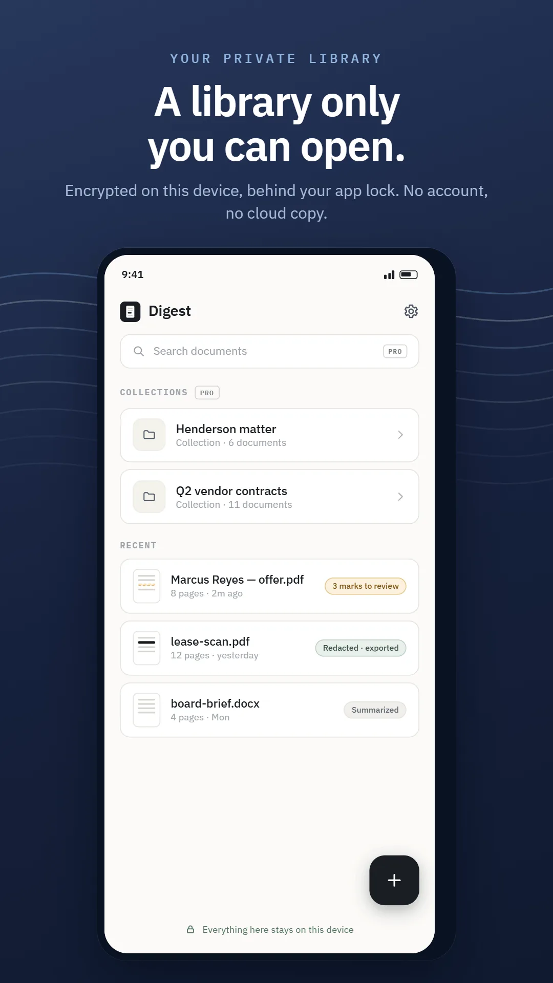 SumaFlow Digest library — documents and collections stored encrypted on the device behind the app lock, with per-document status such as marks to review, redacted and exported, or summarized.