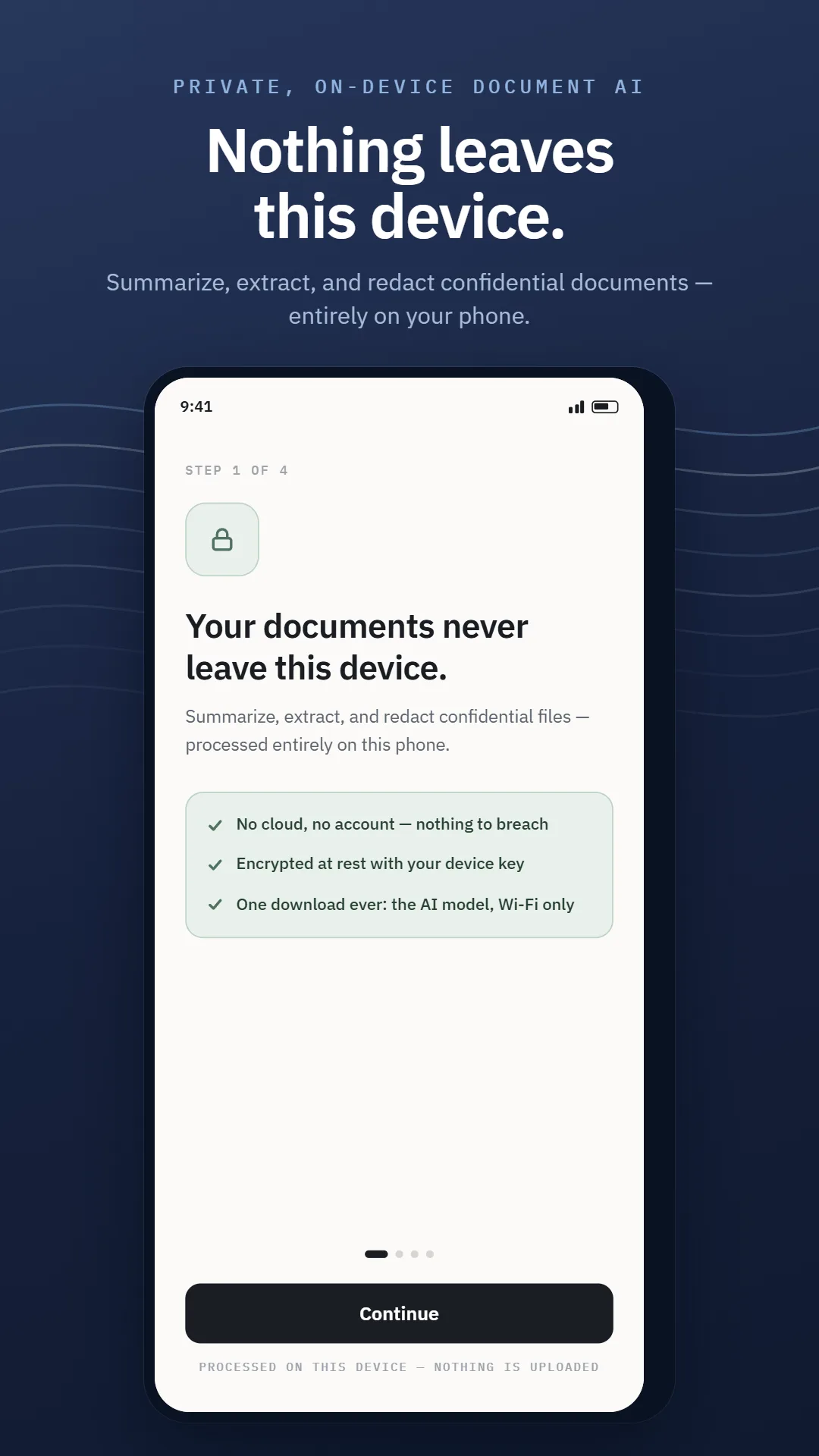 SumaFlow Digest onboarding — "Your documents never leave this device", listing no cloud or account, encrypted at rest with your device key, and one download ever for the AI model over Wi-Fi.