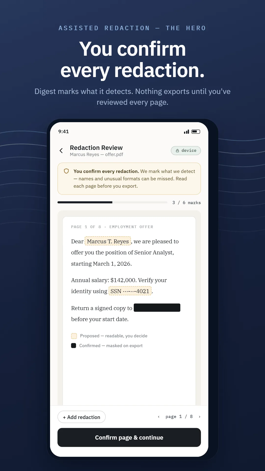 SumaFlow Digest redaction review — an employment offer with proposed PII marks on the name and SSN, a confirmed black mask, and a "Confirm page & continue" button showing 3 of 6 marks reviewed.