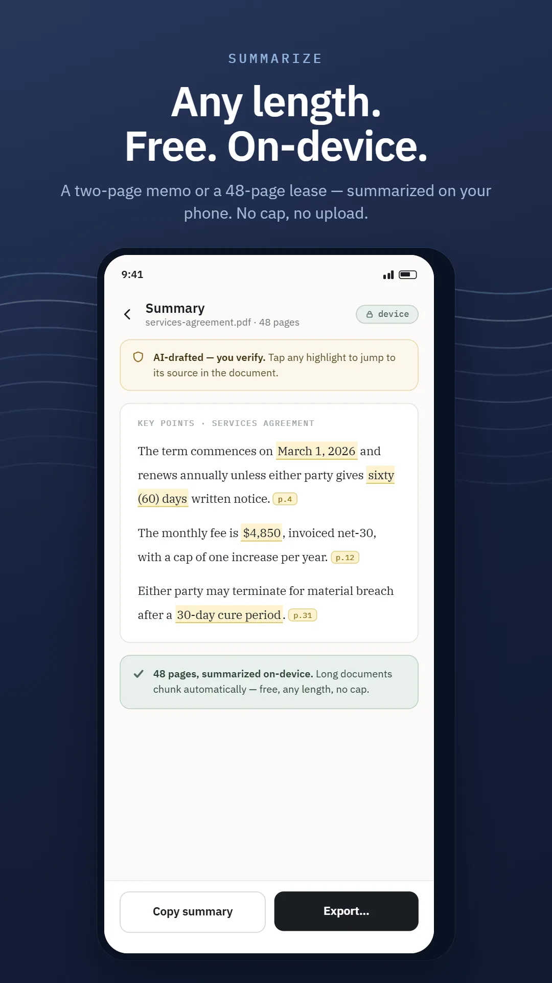 SumaFlow Digest summary of a 48-page services agreement — key points with each figure highlighted and cited back to the page it came from, summarized on-device with no length cap.