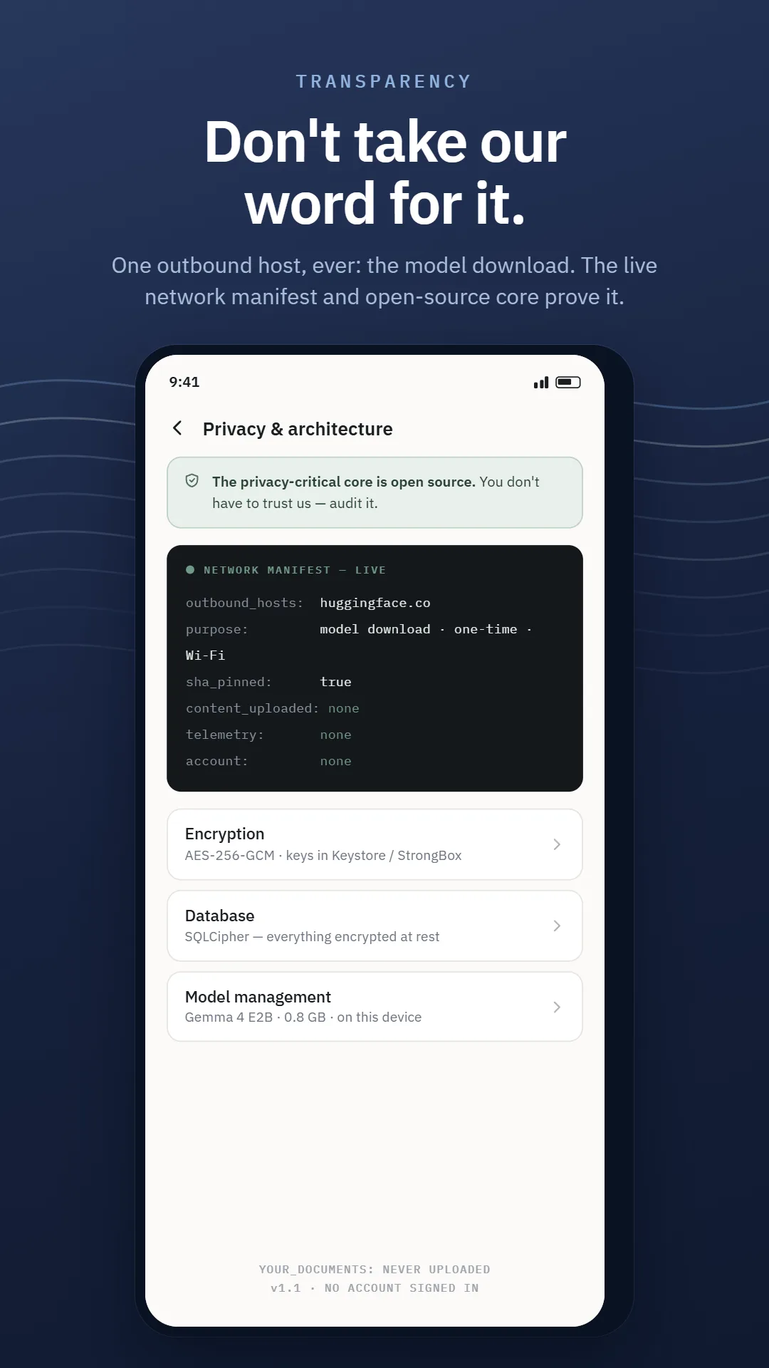 SumaFlow Digest privacy and architecture screen — a live network manifest showing huggingface.co as the only outbound host for a one-time model download, with no content uploaded, no telemetry and no account.
