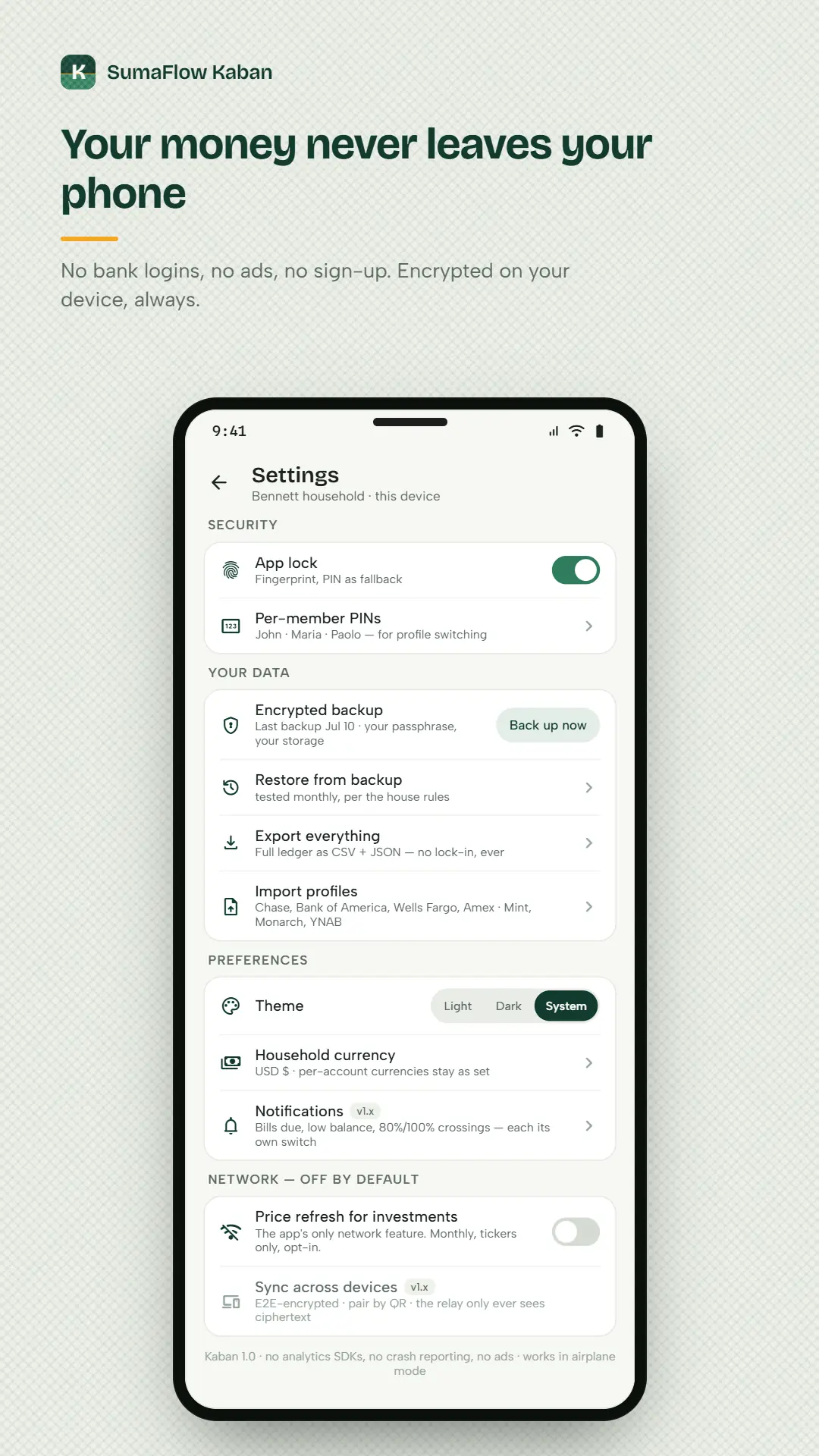 SumaFlow Kaban settings — app lock with fingerprint and per-member PINs, encrypted backup and restore, export everything as CSV and JSON with no lock-in, saved bank import profiles, and a footer noting no analytics SDKs, no crash reporting, no ads, and that it works in airplane mode.