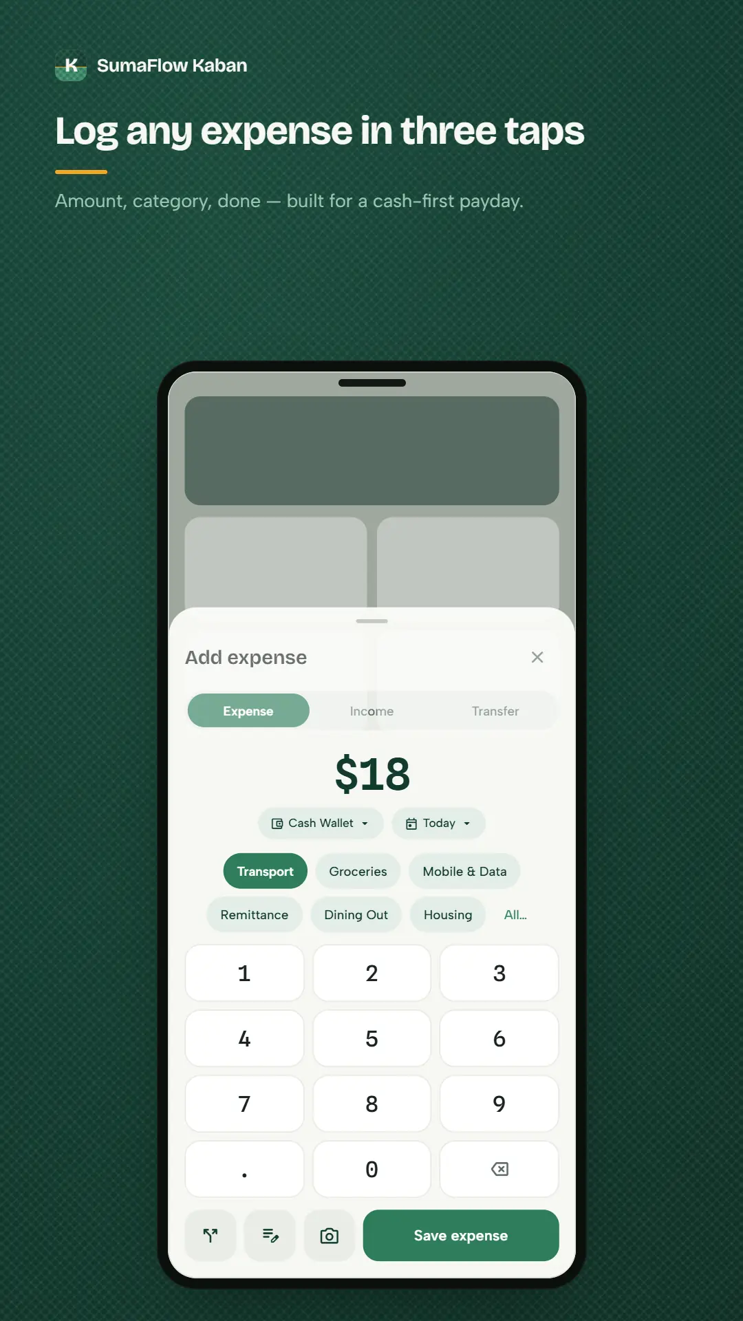 SumaFlow Kaban quick add — an $18 expense on the numeric keypad with Expense, Income and Transfer tabs, the Cash Wallet account, today’s date, and category chips for Transport, Groceries, Mobile & Data, Remittance, Dining Out and Housing.